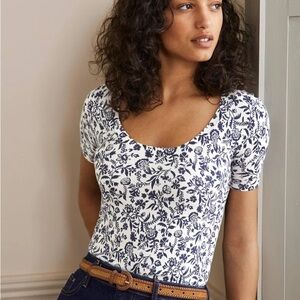 Boden Printed Scoop Knitted T-Shirt Size 10 NWT Navy White Floral